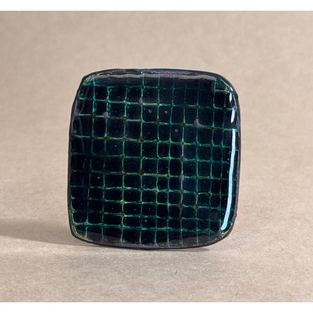 Vintage Japanese Brooch Deep Green Emerald Tone Grid, Shippo Yaki Cloisonne